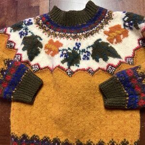 VTG 80s Gap Wool Mock Neck Leaves Pattern Thick Sweater Hand-knit‎ Small Youth?